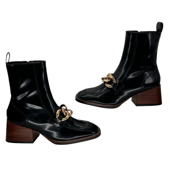 Steve Madden Womens Loreen Chunky Chained Bootie 6.5 Black Faux Patent Leather - Picture 3 of 11